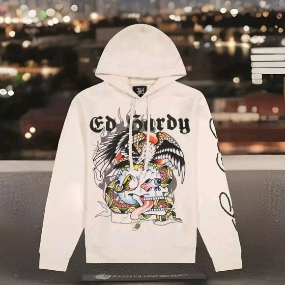 Ed Hardy Pullover Hoodie White Ivory Battle Skull Eagle Snake - Men's Size L - Picture 1 of 3